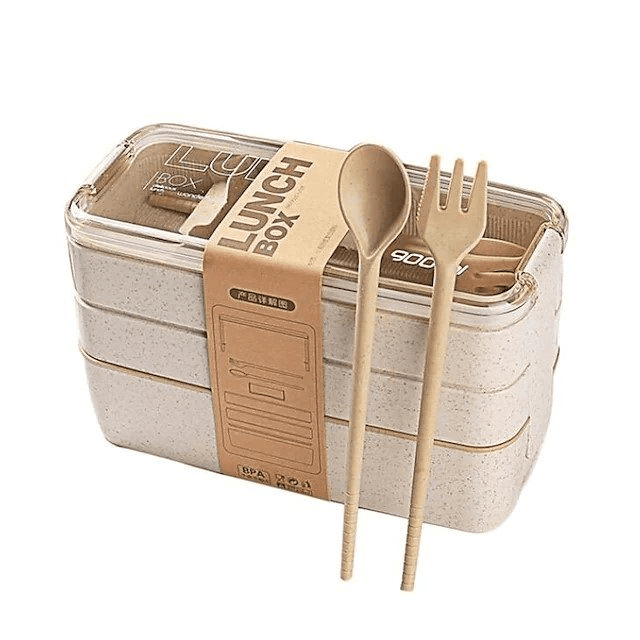 Portable Lunch Box With 3 Layers - 900ml Eco Friendly Includes Cutlery- brown