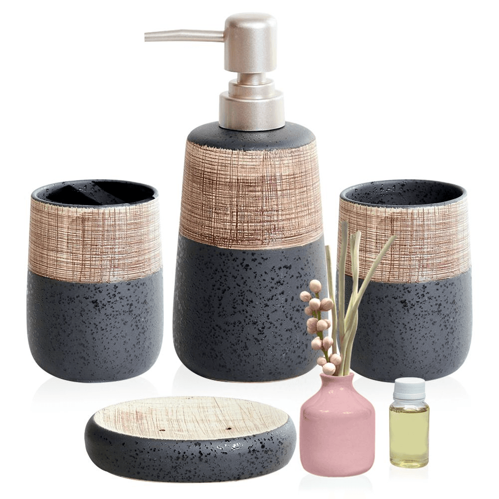 Set of 6 - Bathroom Soap Dispenser and Toothbrush Holder Accessories Set.