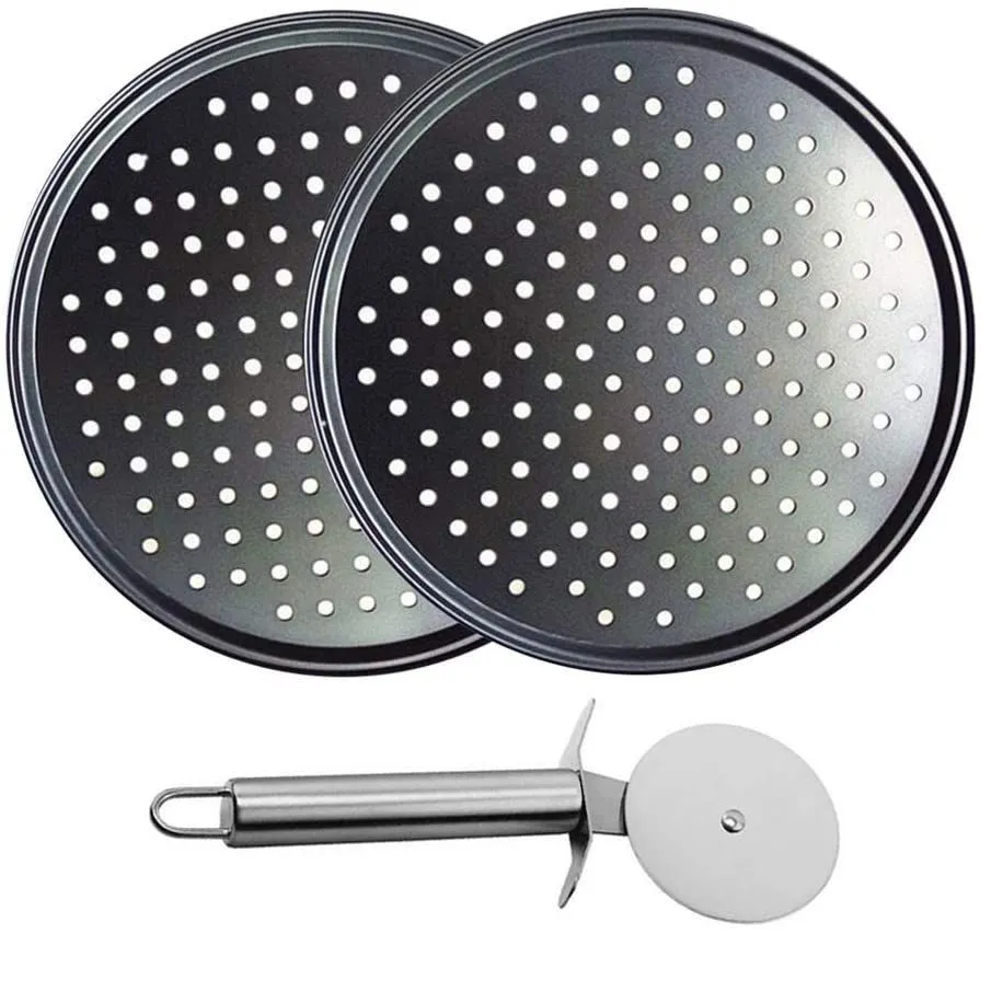 3 Piece Steel Non Stick Pizza Crisper Pan with Holes and Cutter
