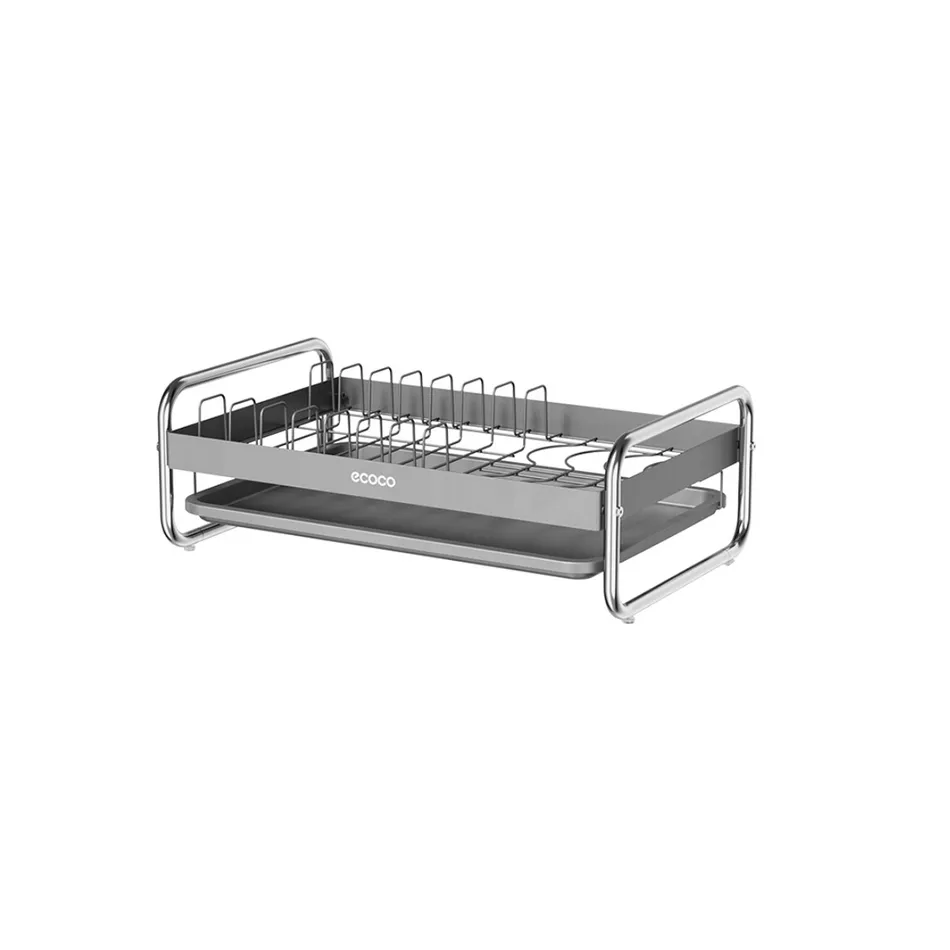 Dish Drying Rack, Carbon Steel, Single-Layer with Drip Tray - Gray