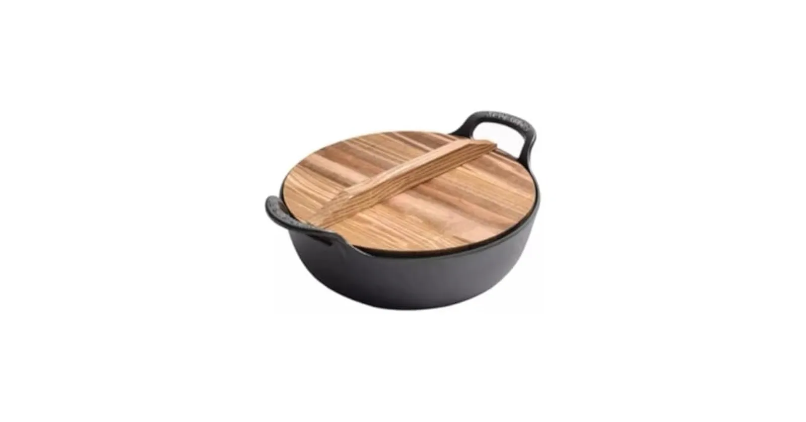 Non-Stick Uncoated Cast Iron Wooden Lid Dual Handles, Black Cookware Pot - 27 cm