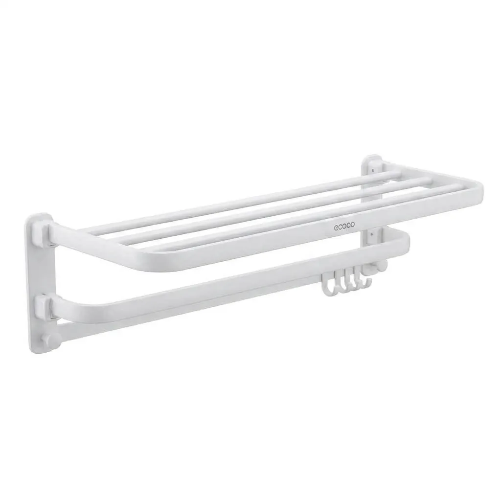 Wall-Mounted Towel Rack Shelf with Hooks, White (60cm)