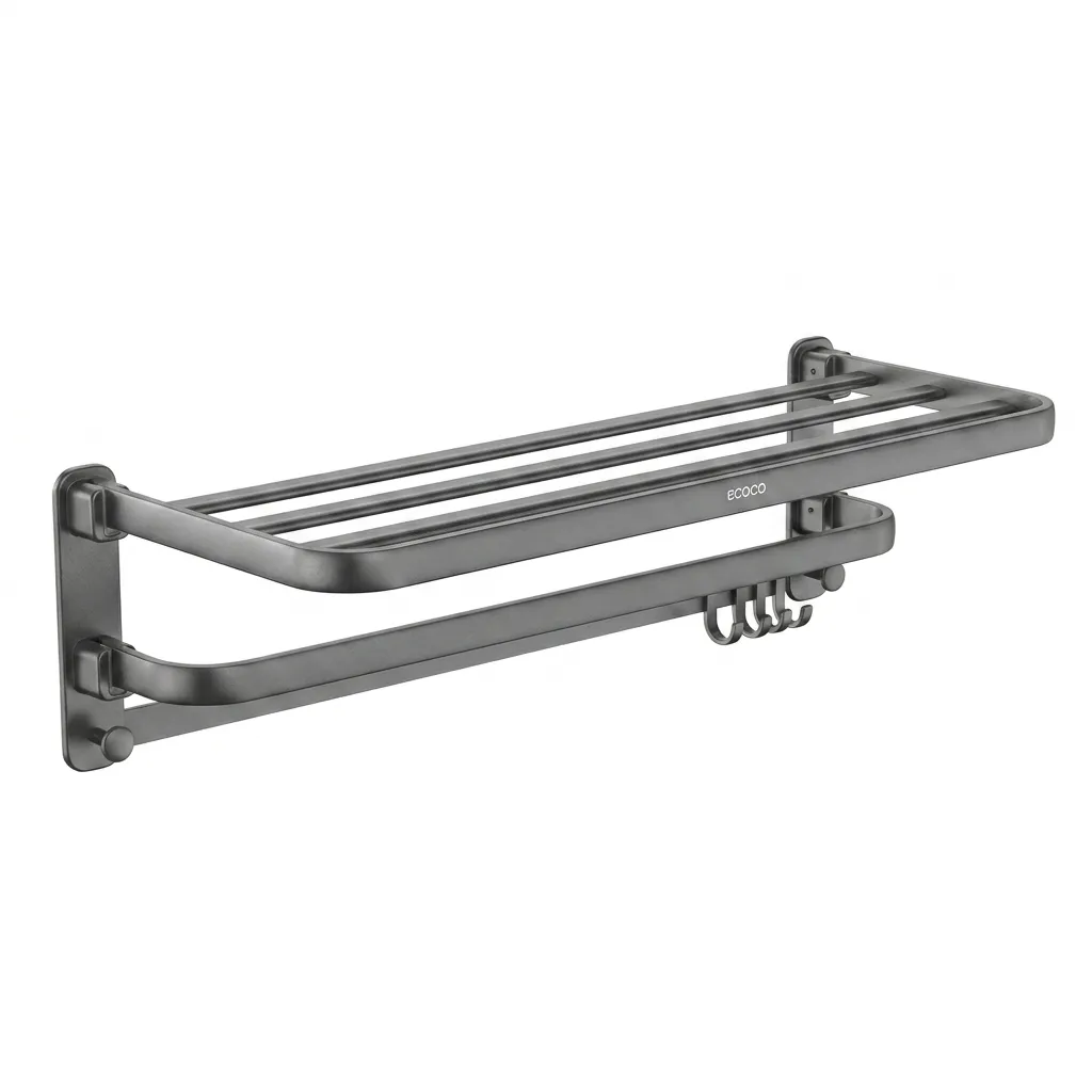 Wall-Mounted Towel Rack Shelf with Hooks, Grey (70cm)