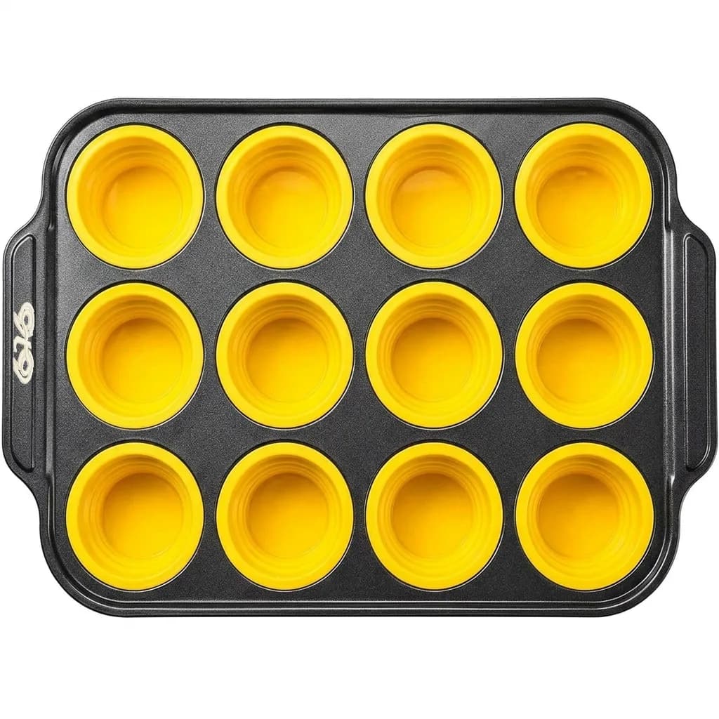 9t9 12-Cup Muffin Pan with Silicone Cups, Non-Stick Steel Tray -Yellow