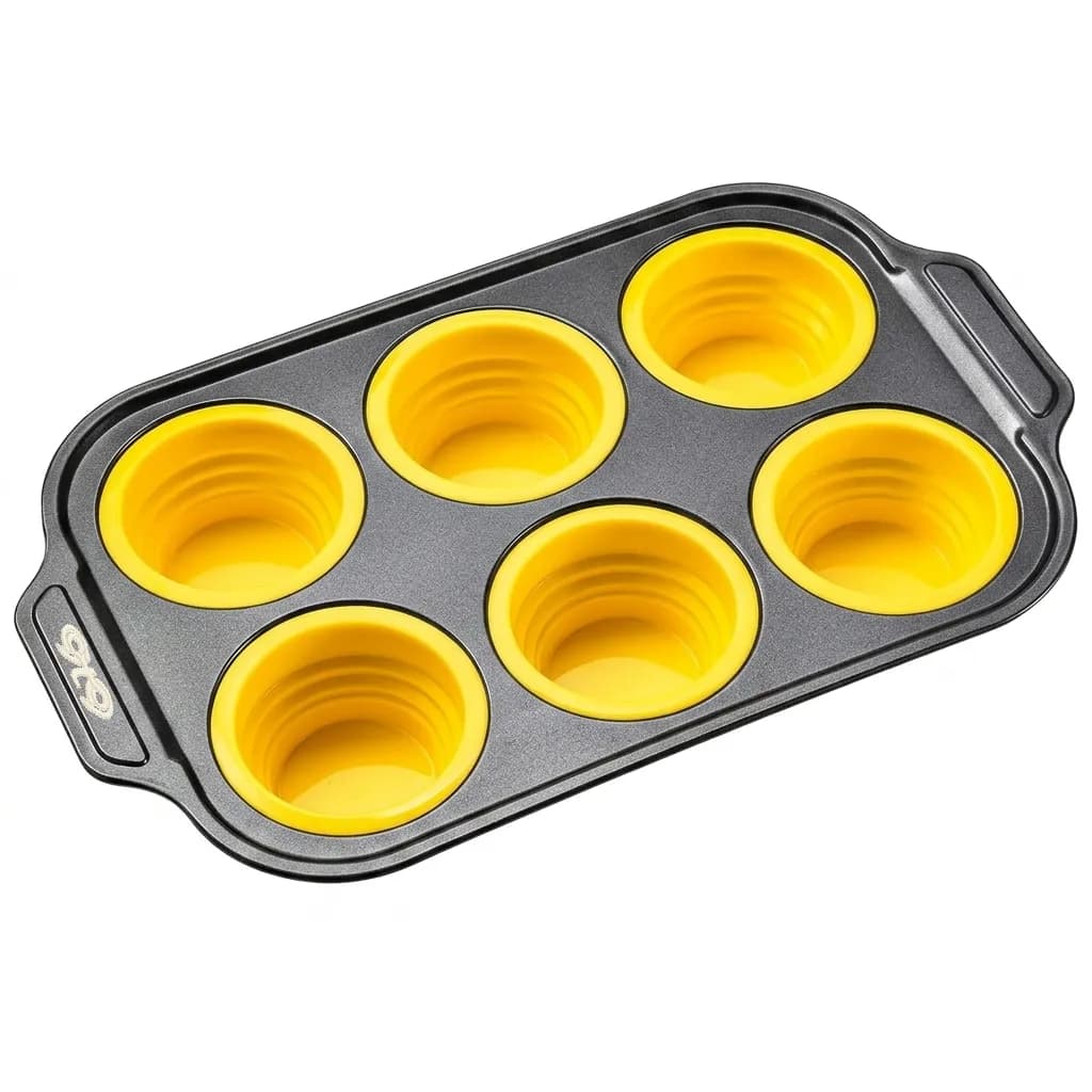 9t9 6-Cup Muffin Pan with Silicone Cups, Non-Stick Carbon Steel Tray-Yellow