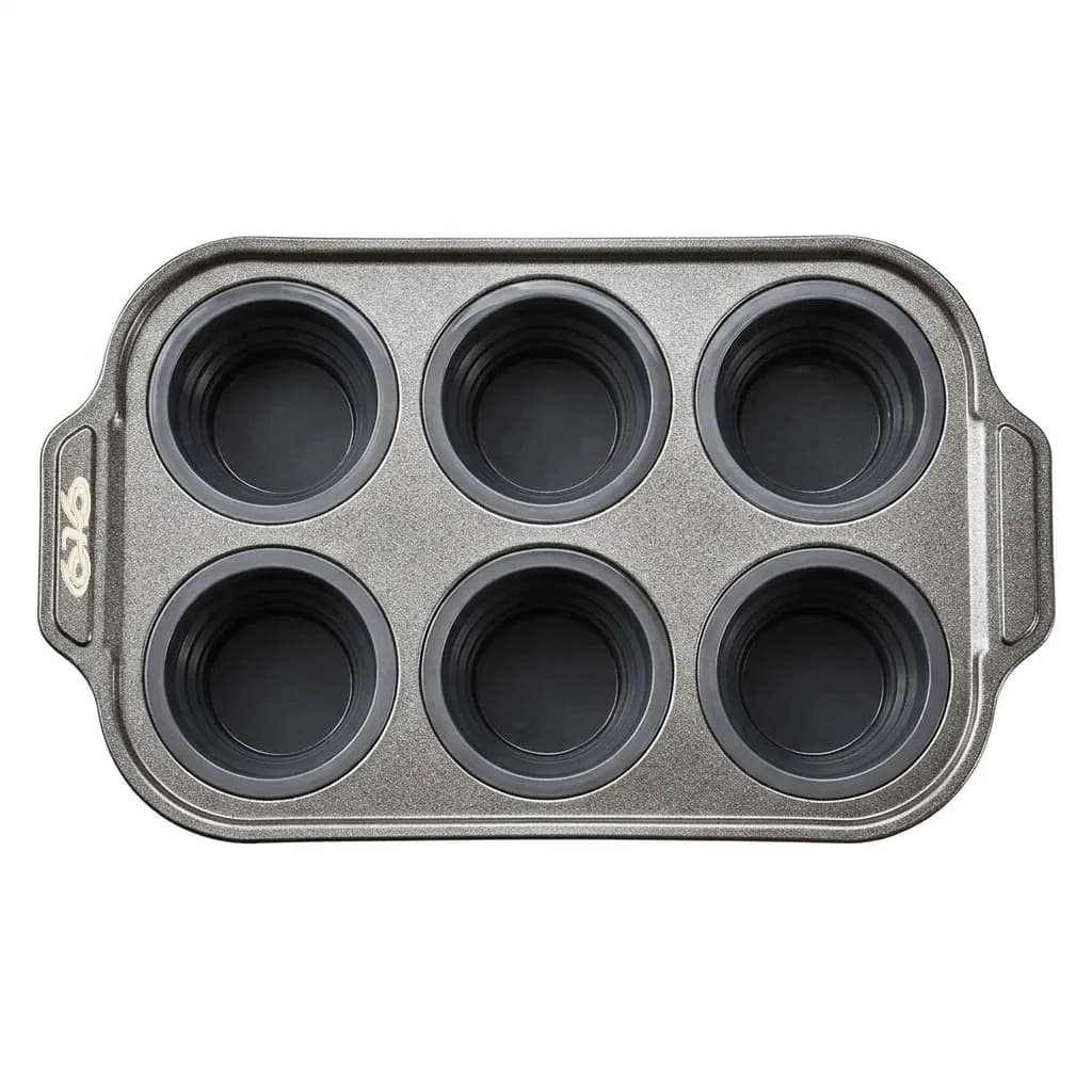 9t9 6-Cup Muffin Pan with Silicone Cups, Non-Stick Carbon Steel Tray-Grey