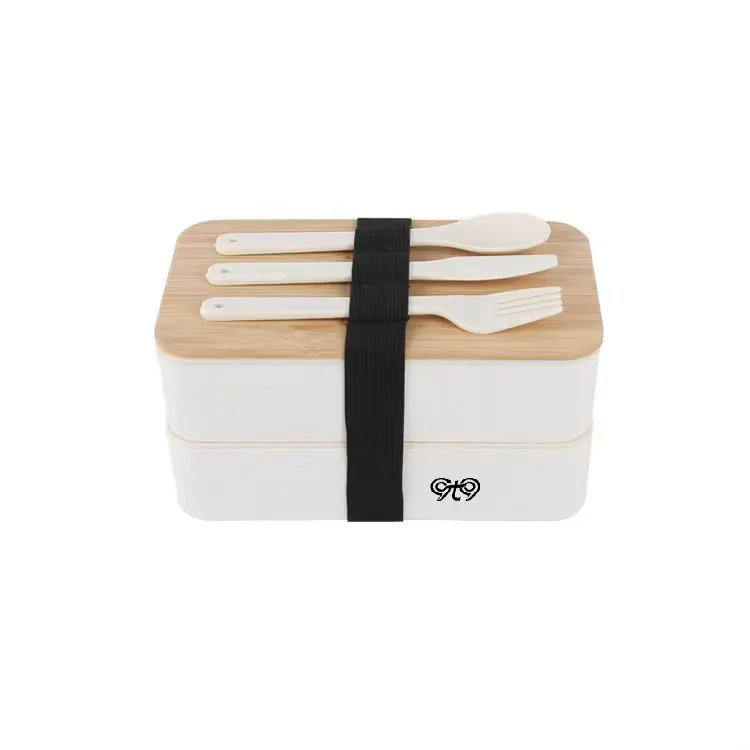 Double Layer Bento Lunch Box with Bamboo Lid, White