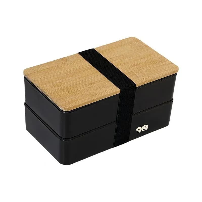 Double Layer Bento Lunch Box with Bamboo Lid, Black